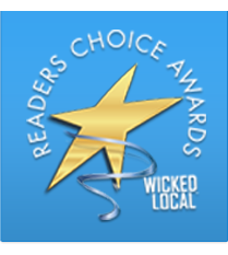 - Salone Estetica in Winchester, MA A gold star with a silver ribbon on a blue background, surrounded by the text "Readers Choice Awards" and "Wicked Local. - Salone Estetica in Winchester, MA