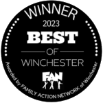 - Salone Estetica in Winchester, MA Black and white circular badge reads "Winner 2023 Best of Winchester" and "Awarded by Family Action Network of Winchester" with the FAN logo at the bottom. - Salone Estetica in Winchester, MA